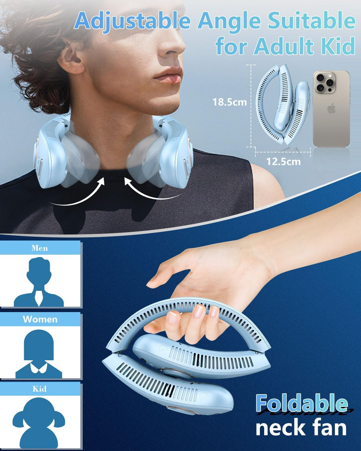 Fan with Water Spray Misting Fan,Neck Fan Rechargeable with LED Display Adjustable Speeds,Foldaway Powerful Soundless Compact Neck Hanging Fans with Water Mist for Travelling outside Blue