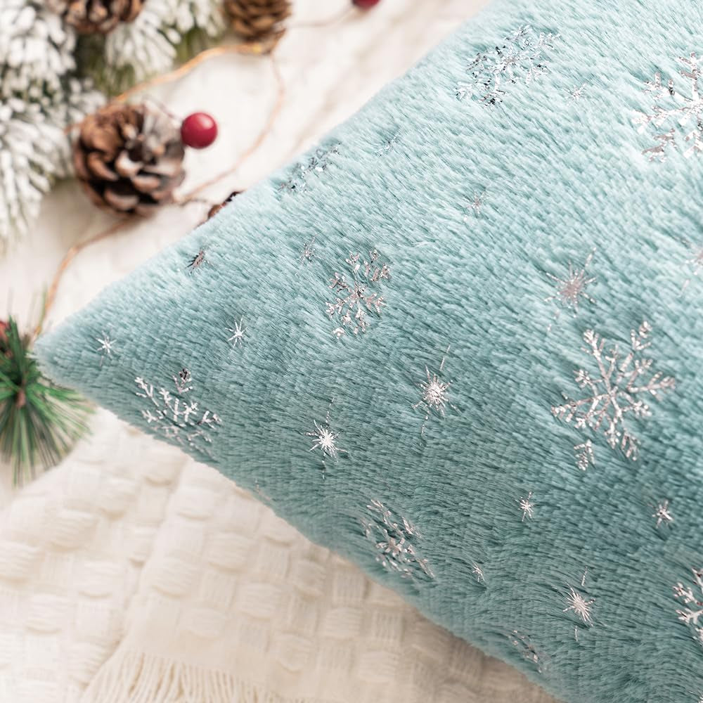 Set of 2 Christmas Decorative Throw Pillow Covers Soft Faux Fur Winter Pillow Covers with Silver Snowflake Glitter Holiday Festival Pillowcases for Couch Sofa Bed, 18×18Inch, Aqua Green