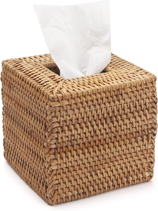 Rattan Tissue Box Cover Natural Woven Facial Napkin Holder Square (Natural, 5.5X5.5X5.9 Inch)