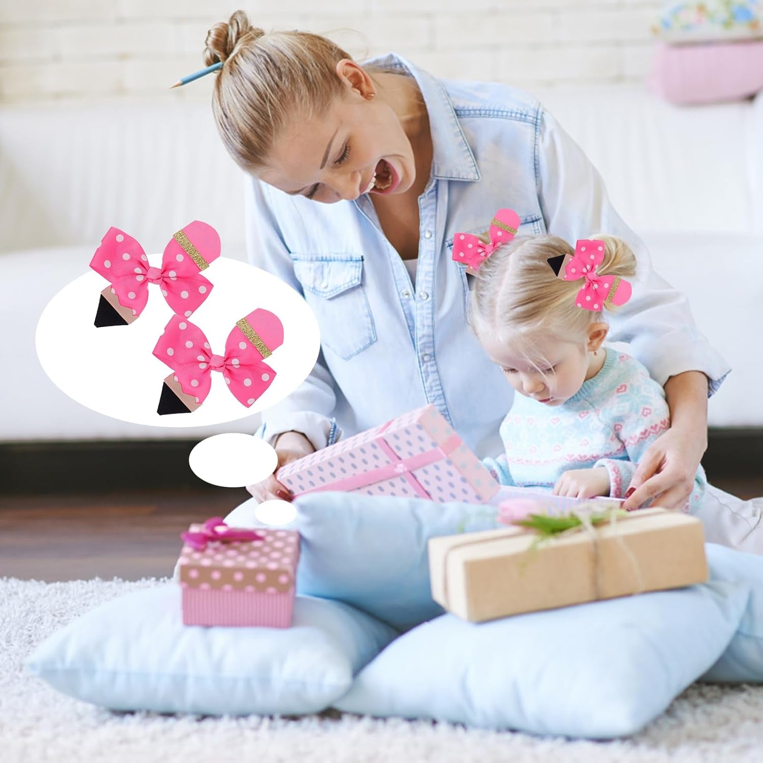 Back to School Hair Accessories - Funny Pencil Hair Clips and Cute Bows for Girls, First Day School Gift for Student Uniform Outfits (Pink)