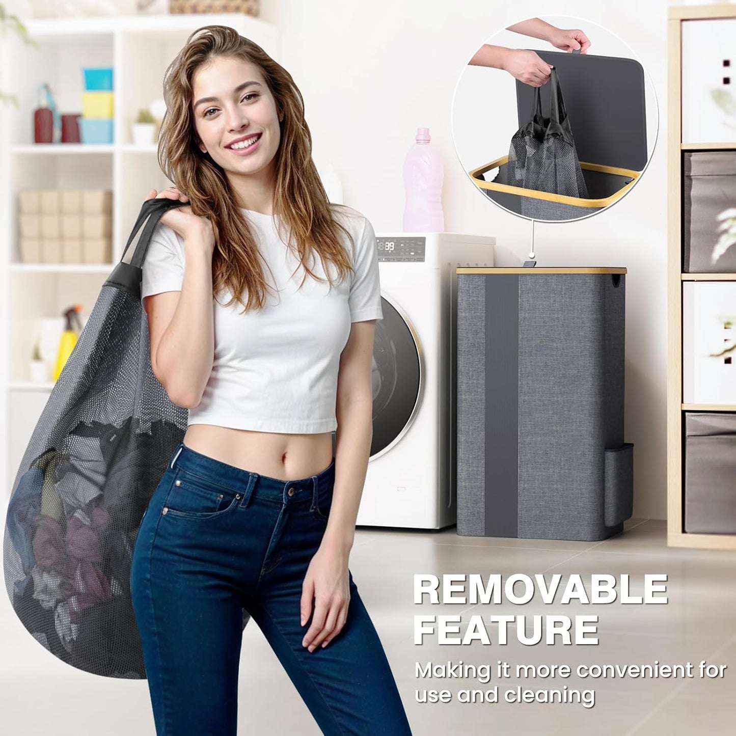 100L Laundry Basket with Lid, Removable Laundry Bag and Handles, Breathable Design Hamper for Bedroom, Bathroom, Dorm, and Laundry Room - Light Grey