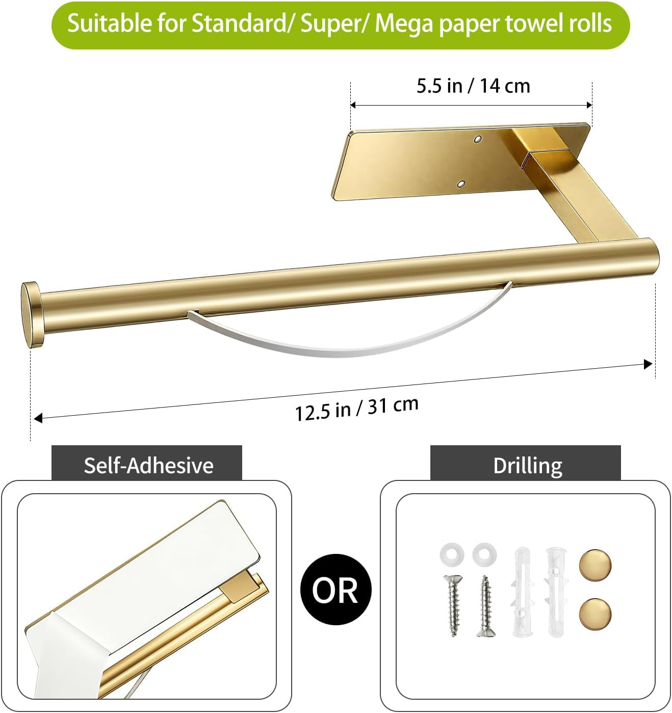 Paper Towel Holder under Cabinet, Single Hand Operable Tearing off Paper Towels with Damping Effect, Both Available in Adhesive and Screws, Stainless Steel (Gold)