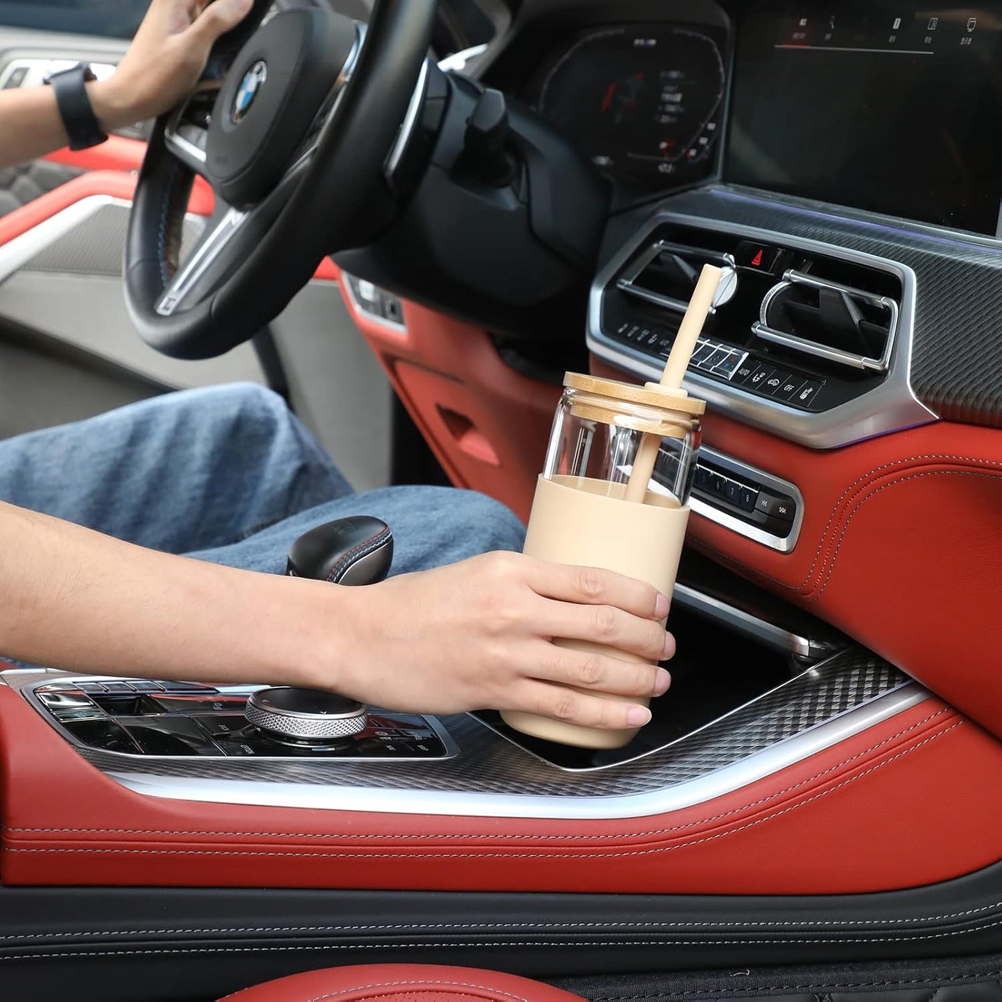 20Oz Glass Water Tumbler with Silicone Protective Sleeve - Beer Can Glass Cups with Straw and Bamboo Lid, Iced Coffee Glasses, Cute Drinking Glasses For, Water Smoothie, Boba Tea, Gift - Amber