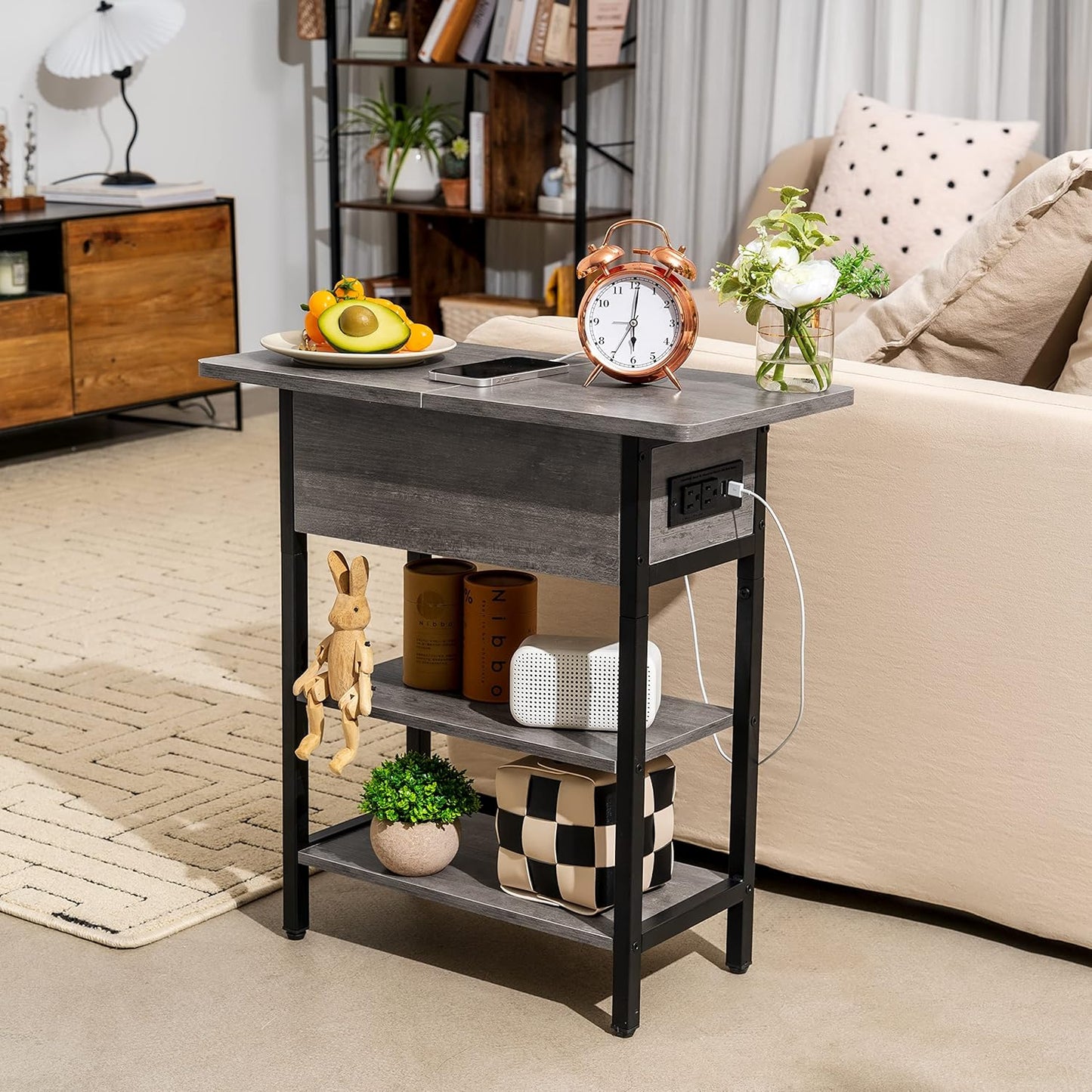 End Table with Charging Station, Flip Top Side Table with USB Ports and Outlets, Sofa Couch Table Bedside Table for Living Room Bedroom, Narrow Nightstand with Storage Shelves for Small Space