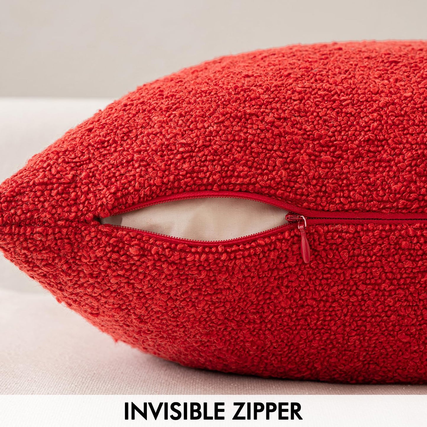 Textured Boucle Lumbar Pillow Cover in Christmas Red - Decorative Soft Accent Cushion for Couch, Chair, and Bedroom - 18x18 Inch, Single Pack
