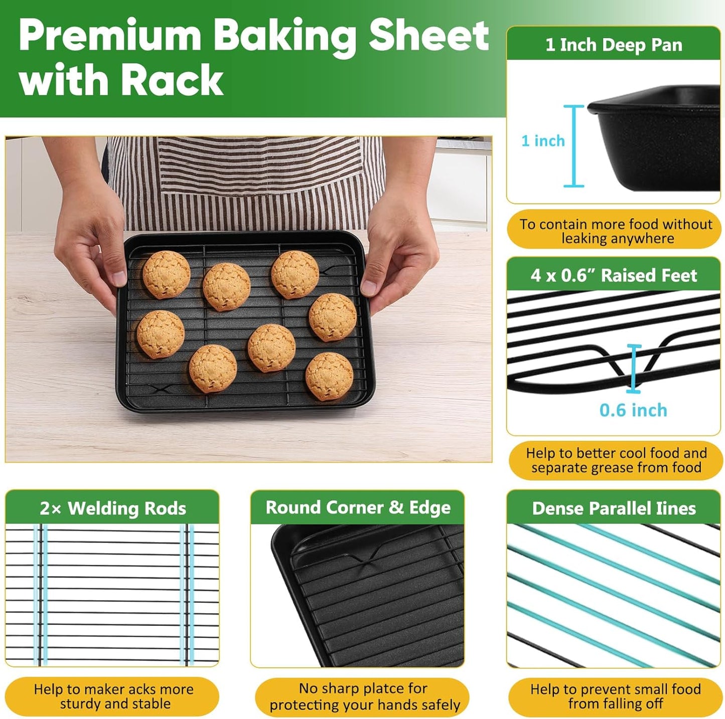 Baking Oven Sheet Pan with Rack for Cookie, Nonstick Oven Tray and Cooling Rack for Baking & Roasting, Easy Clean, Black, 10.4 X 8 Inch