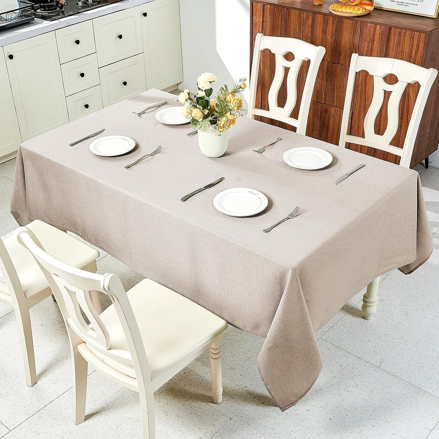 Textured Linen Table Cloth for Rectangle Tables - Khaki Tablecloths Rectangular Waterproof Wrinkle Free Wipeable Dining Table Cover for Spring Wedding Birthday Kitchen Decor, 52 X 70 Inch