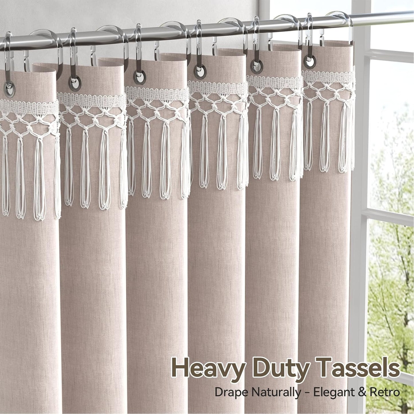 Boho Shower Curtain with Tassels Taupe, Tan Farmhouse Shower Curtain with Hooks, Faux Linen Fabric, Water-Repellent Neutral Fabric, 72X72 Inches