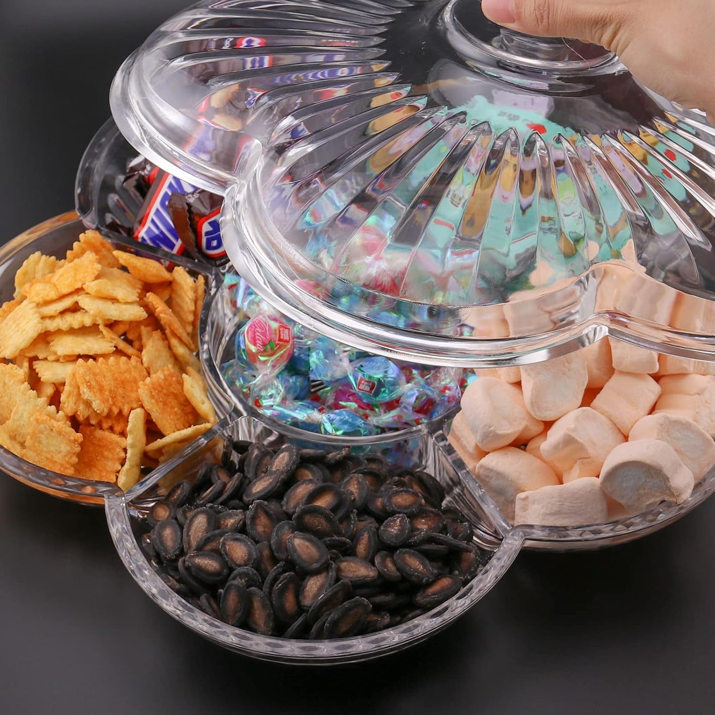 Creative Acrylic Multifunctional Party Snack Tray with Lid,Serving Dishes for Dried Fruits Nuts Candies Fruits,6-Compartment (Clear Flower)
