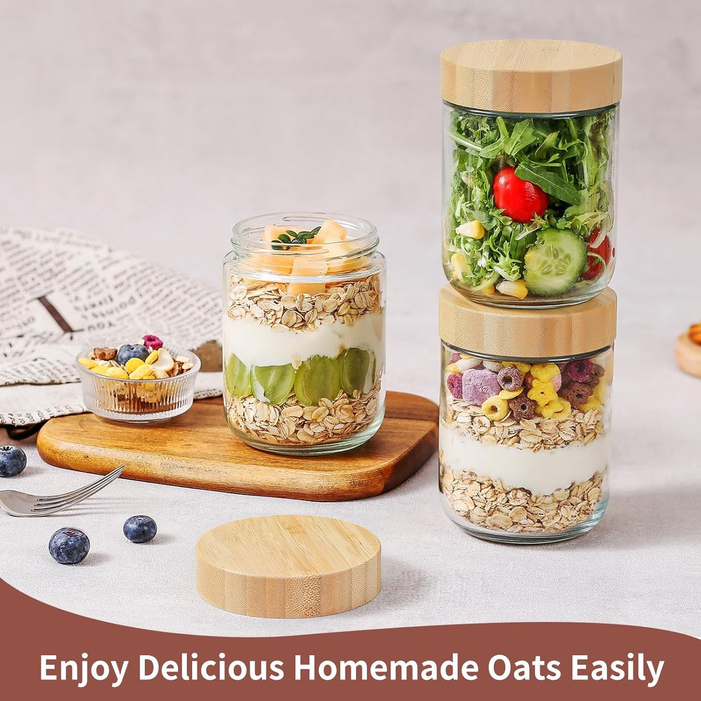 16 oz Glass Storage Jars with Bamboo Lids - 4 Pack Airtight Wide Mouth Containers for Meal Prep, Salads, Chia Pudding, Snacks, Yogurt, Sugar, Spice, and Cereal
