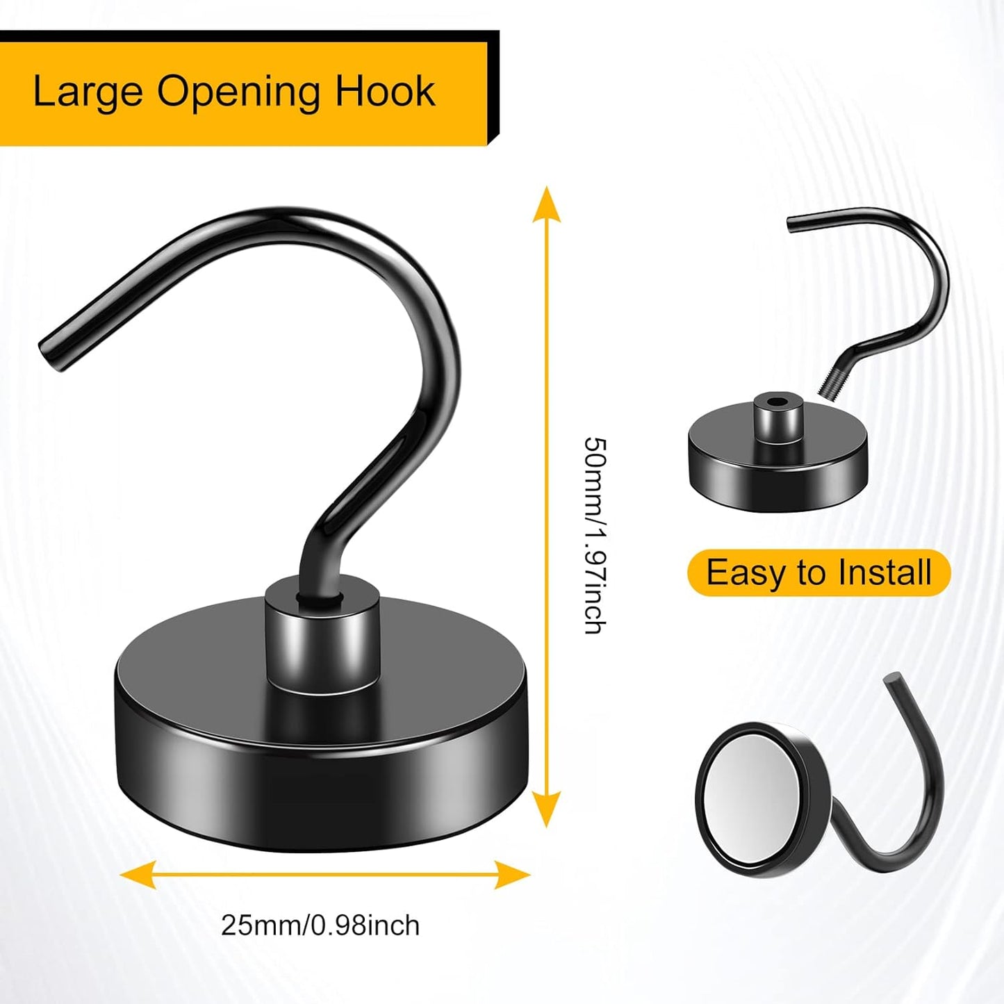 Heavy-Duty Magnetic Hooks - 12 Pack, 50LBS Capacity, Large Opening Neodymium Magnet Hooks for Versatile Hanging in Home, Office, and Workplace