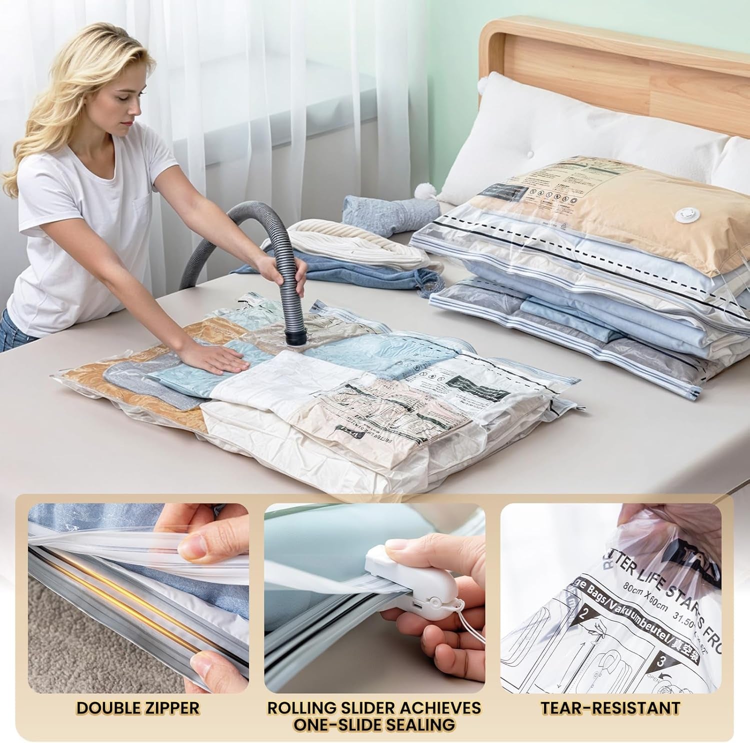 Vacuum Storage Bags 4 Pack, LONG SIDE ZIP (2 Large+2 Jumbo), Multi-Size Vacuum Seal Bags for Clothing, Storage Bulky Beddings, Blankets and Clothes, Space Saver for Closet Organization