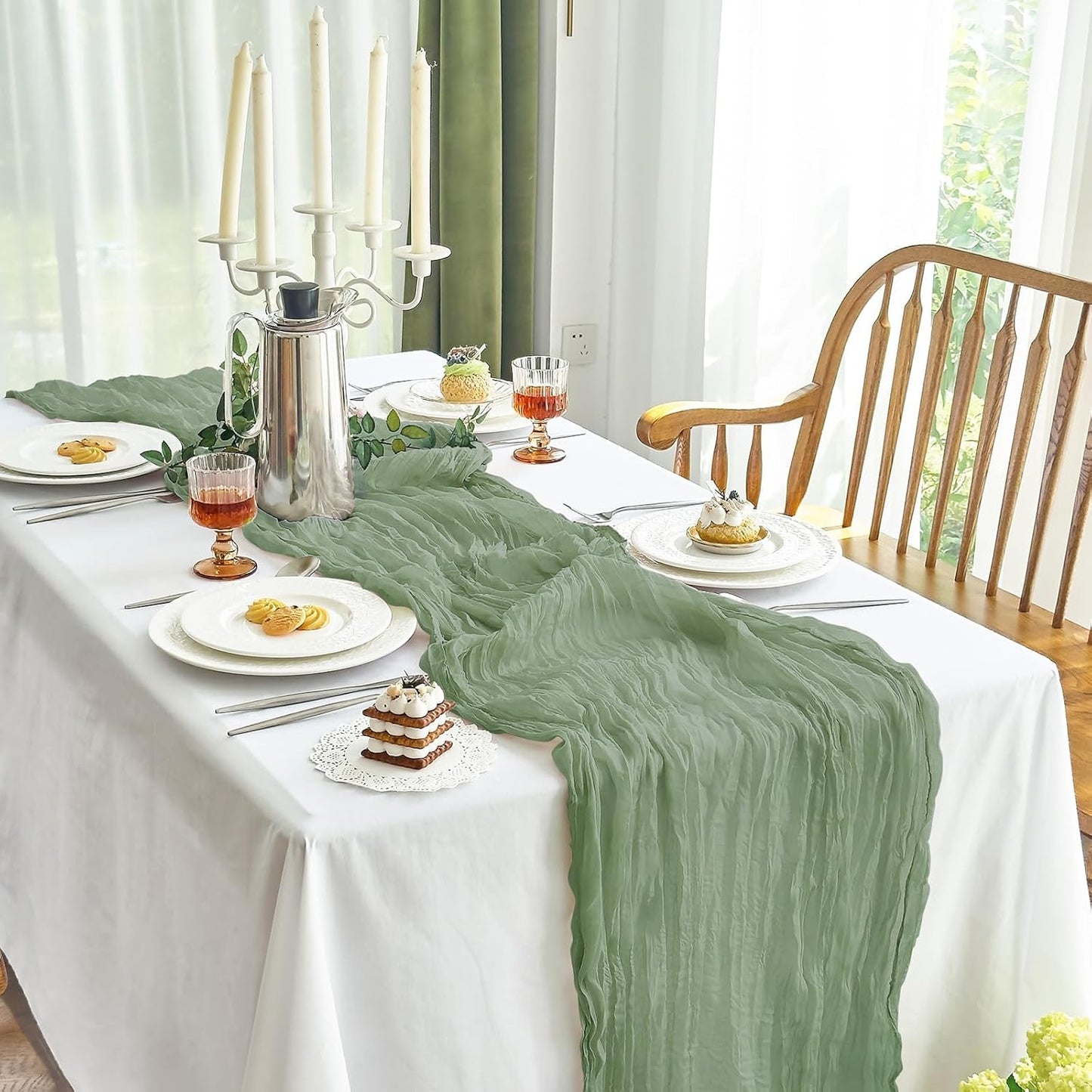 1 Pcs Cheesecloth Table Runner - 10Ft Sage Green Boho Gauze Cheese Cloth Table Runners for Baby Shower Decoration Wedding Party Summer Garden Farmhouse