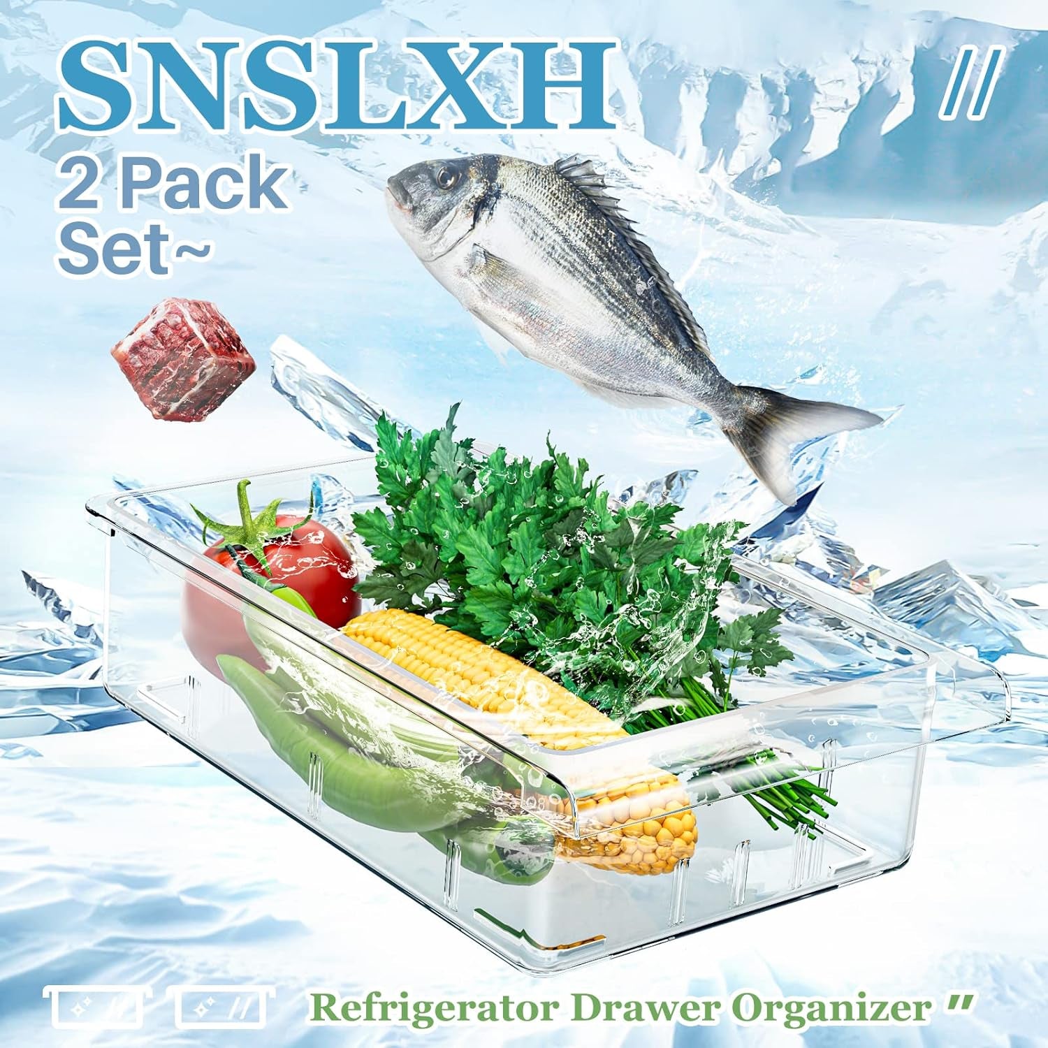 2 Pack Refrigerator Drawer Organizer, Pull Out Shelf Storage Transparent Organizer for Egg, Fruit, Vegetable, Seafood, Meat, Fit All Fridge Shelves under 0.6''