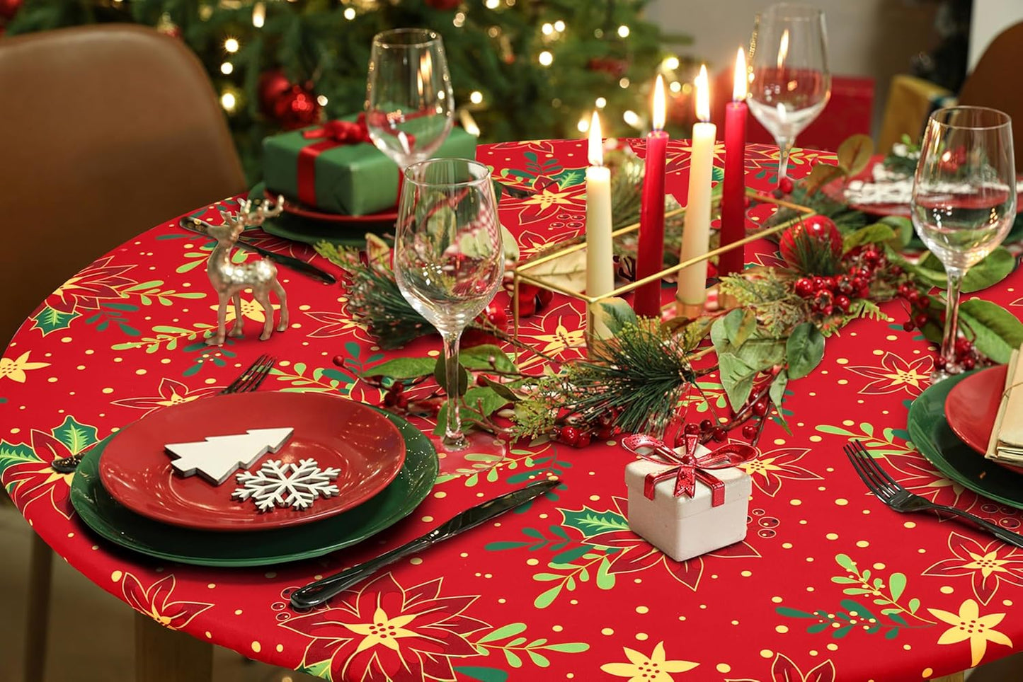 round Fabric Fitted Tablecloth, Elastic Waterproof Oil Proof Table Cloth, Washable Polyester Table Cover Fits 36"-44" round Tables for Outdoor Picnic Dinner, Flowers