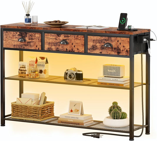 Console Table with Charging Station & 3 Fabric Drawers, 38'' Entryway Table with Storage Shelves and LED Light for Entry Way, Industrial Display Shelf for Hallway, Foyer, Rustic Brown