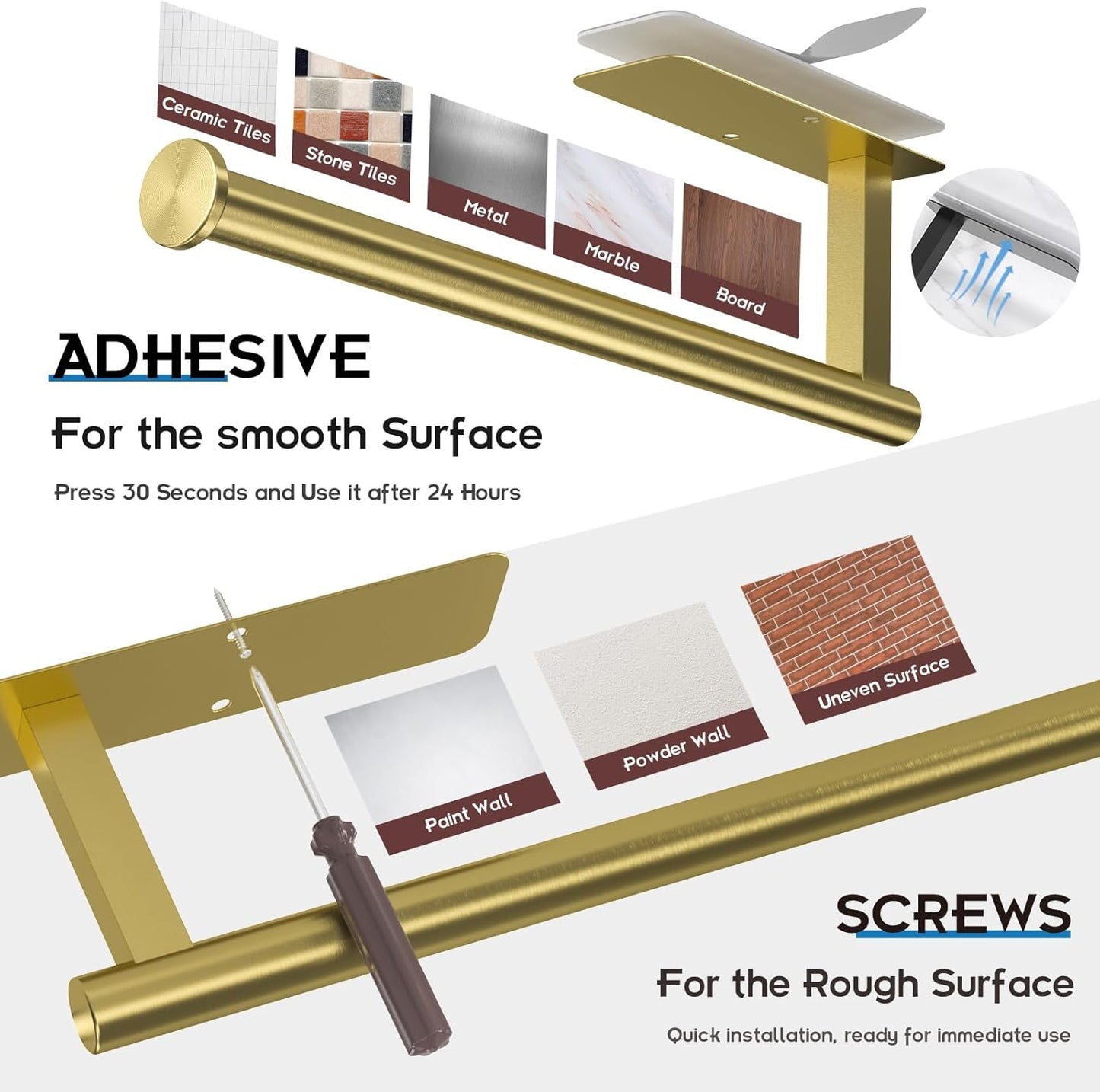 Gold Paper Towel Holder under Cabinet Mount Self Adhesive, Wall Mount Paper Towel Holder Wall Mounted Hanging Towels Holders for Kitchen