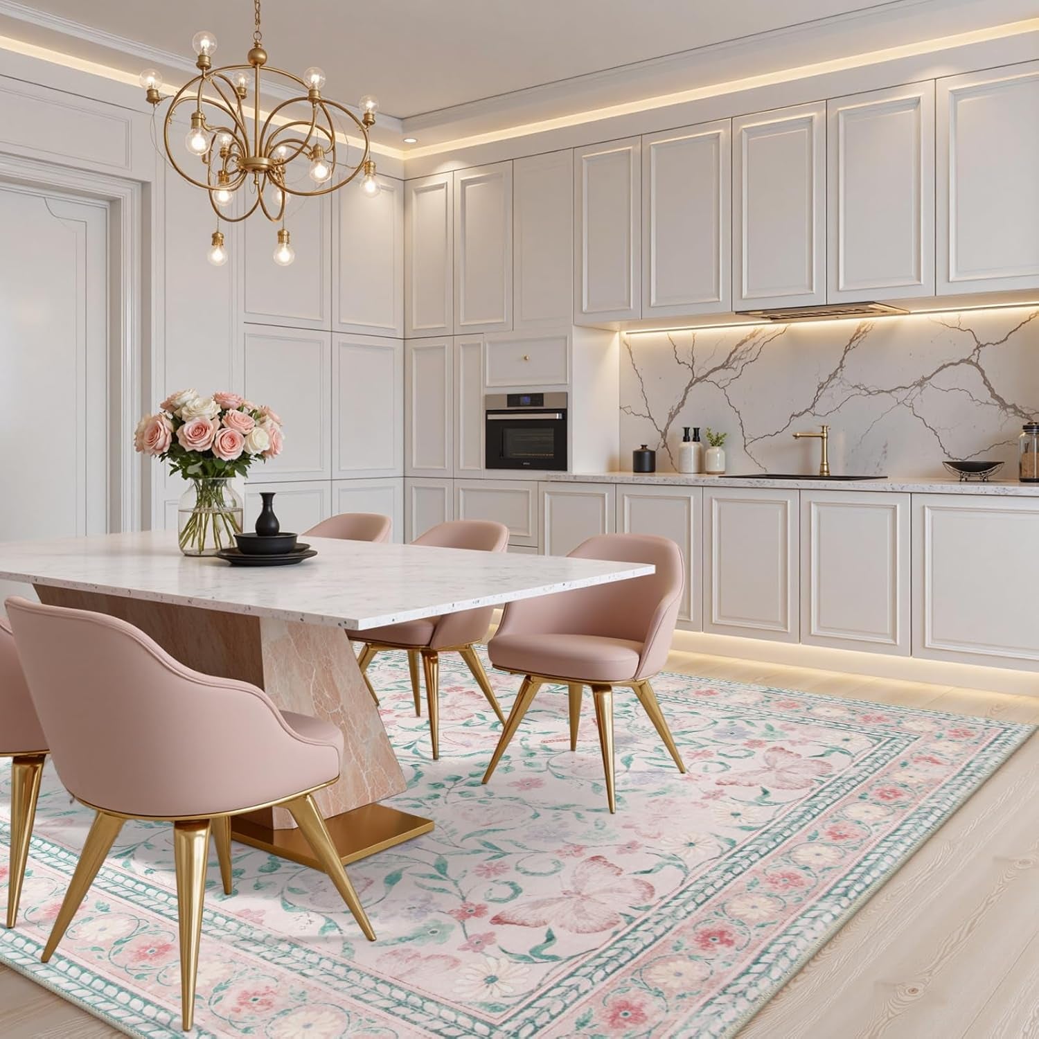 8X10 Butterfly Pink Area Rug for Living Room, Soft Boho Kids Rugs for Bedroom Classroom Rubber Backed, Thin Stain Resistant Floral Large Carpet Non Shedding for Playroom