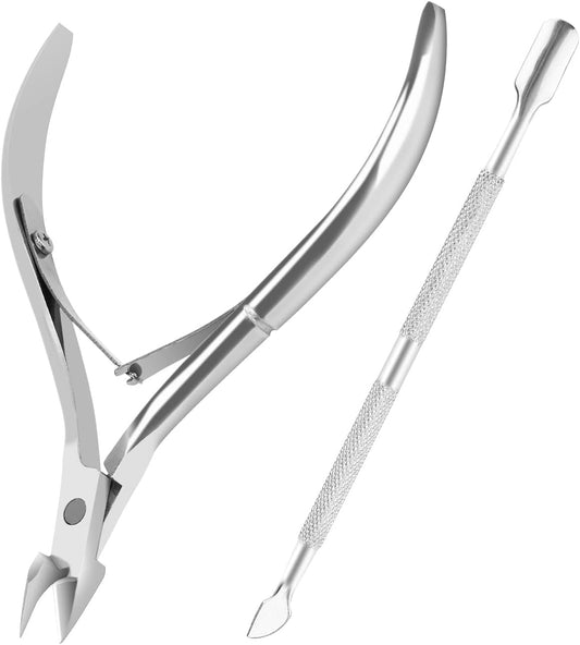 Metal Nail Cuticle Trimmer with Cuticle Pusher and Cutter, 2 PCS Professional Cuticle Remover Tool Kit, Cuticle Cutter Set, Cuticle Nippers, Cuticle Clippers for Women, Manicure Pedicure Tool