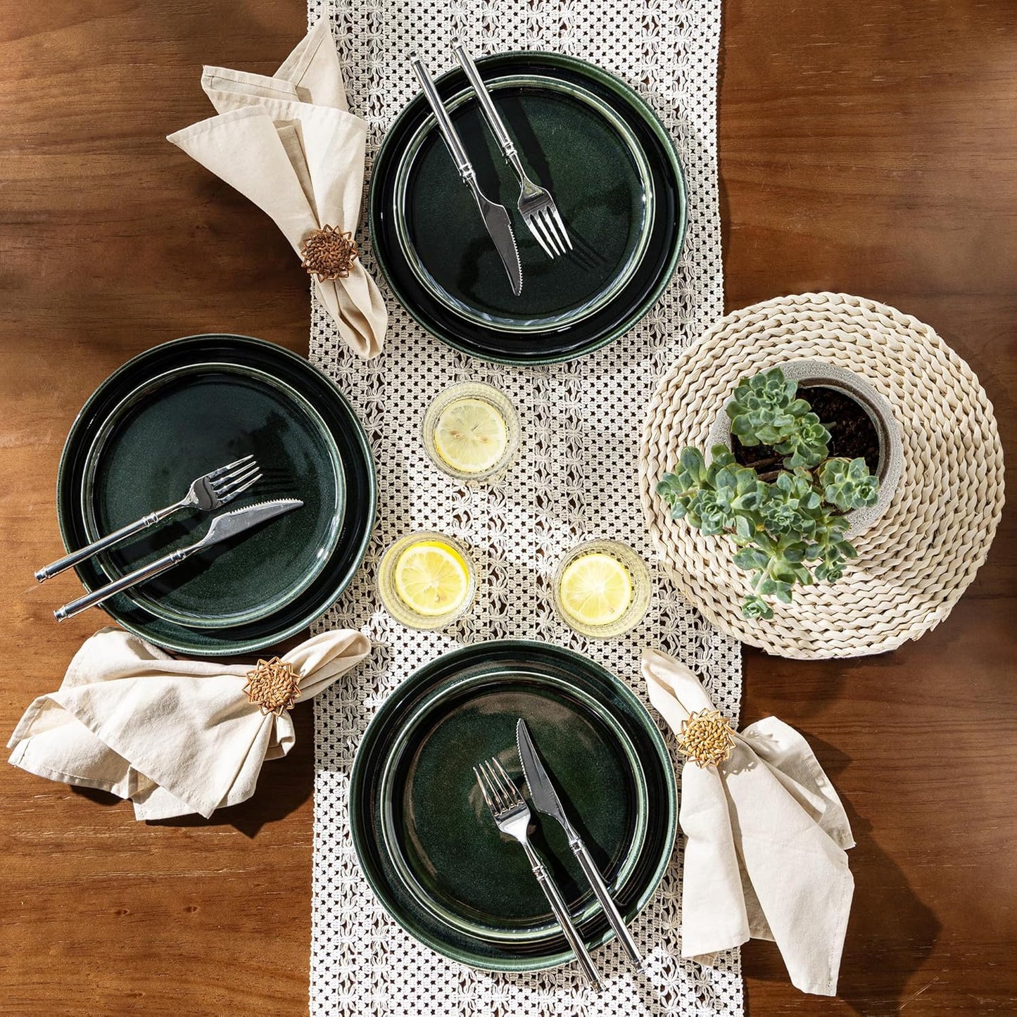 Ceramic Dinnerware Set for Six - 18-Piece Stoneware Plate and Bowl Collection with Reactive Glaze Finish, Scratch Resistant, Dishwasher and Microwave Safe, Earth Green