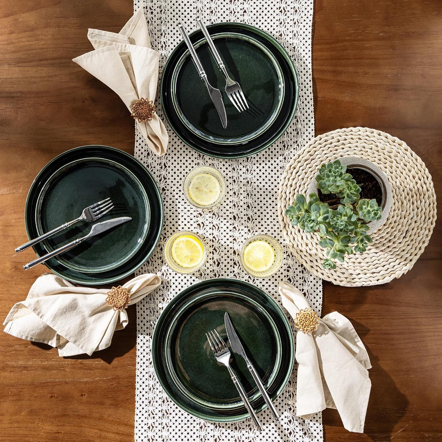 Ceramic Dinnerware Set for Six - 18-Piece Stoneware Plate and Bowl Collection with Reactive Glaze Finish, Scratch Resistant, Dishwasher and Microwave Safe, Earth Green