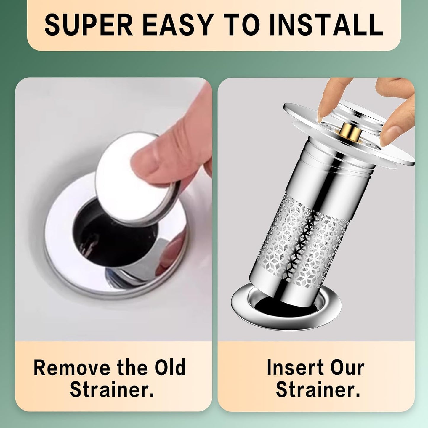 Universal Bathroom Sink Drain Strainer Set - Removable 304 Stainless Steel Filter Basket and Hair Catcher Plug for 1.1"-1.45" Drain Openings, 2 Pack