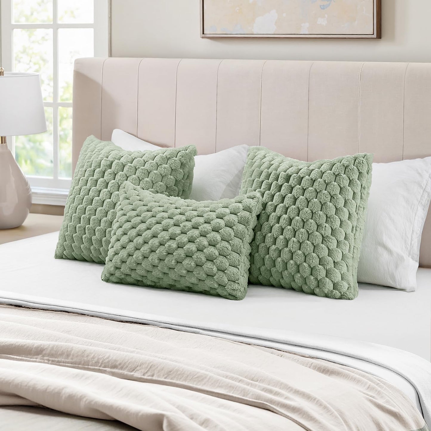 Sage Green Faux Fur Decorative Throw Pillow Covers 18X18 Inch Set of 2 Super Soft Cozy Plush Cushion Cases Luxury Fluffy Pillowcases for Sofa Couch Bed Living Room