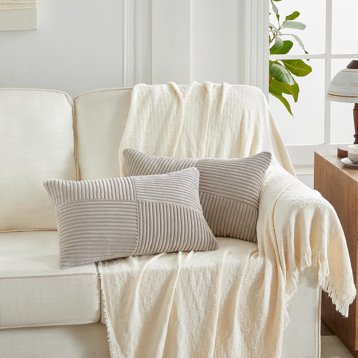 Set of 2 Taupe Boho Lumbar Rectangle Decorative Throw Pillow Covers 12X20 Inch with Diagonally Pattern for Couch Bed Sofa, Soft Corduroy Accent Modern Farmhouse Home Decorations 30X50 Cm