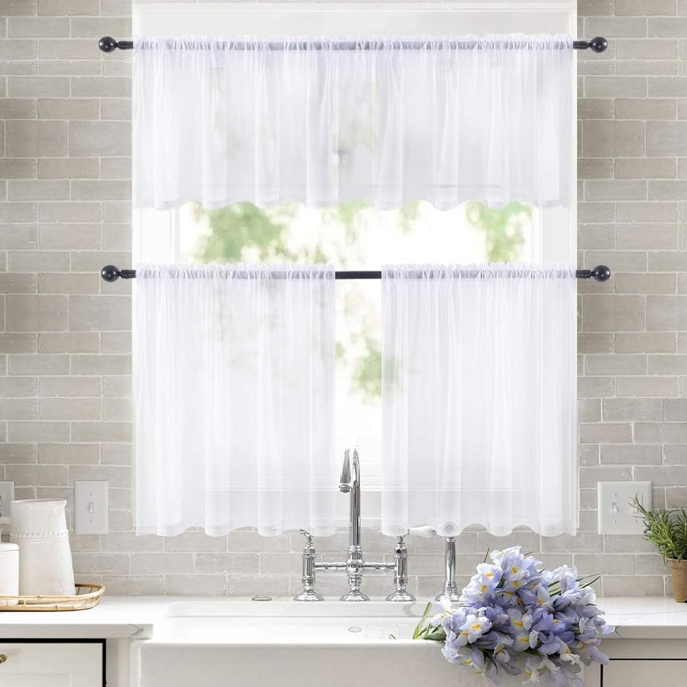 Window Valance Half Sheer Curtains Rod Pocket Voile Drapes Extra Wide for Small Window Kitchen Cafe One Panel 60 X 18 Inch White
