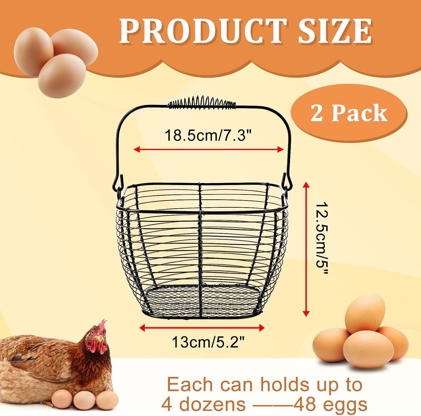 Set of 2 Black Square Wire Egg Baskets with Handles - Ideal for Collecting Fresh Chicken and Duck Eggs, Countertop Storage Solution
