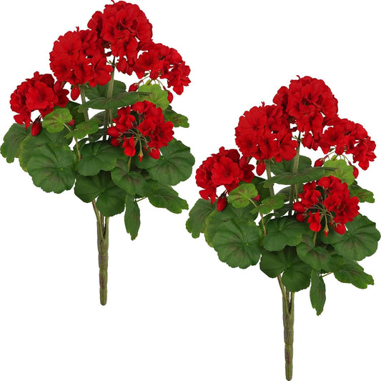 2 PCS 18" Artificial Geraniums for Outdoors, Red Geraniums Artificial Flowers Realistic Silk Flower for Home Garden Patio Wedding Table Centerpieces Indoor Decor, Rubyred
