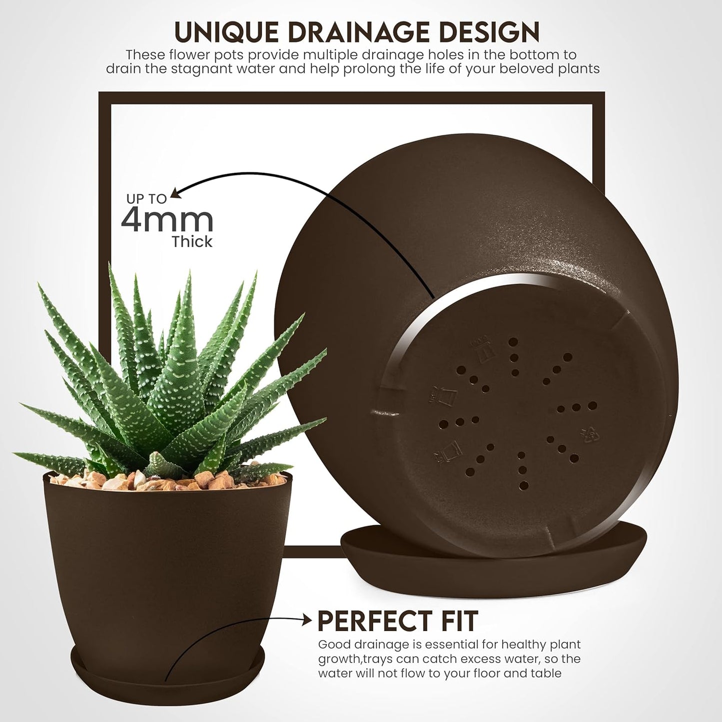 Plastic Planters - Flower Nursery Pots Indoor Modern Decorative Plastic Pots for Plants, Succulents, Flowers, and Cactus (5 Pack, Multisize, Brown)
