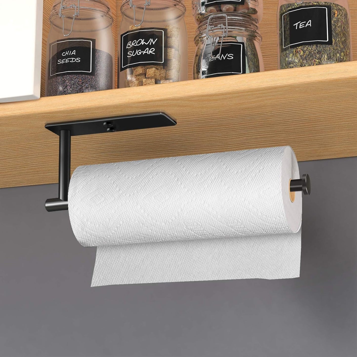 Self Adhesive Paper Towel Holder under Cabinet Mount, Wall Mount Paper Towel Roll Rack for Kitchen Cabinet, Bathroom, SUS304 Stainless Steel Black