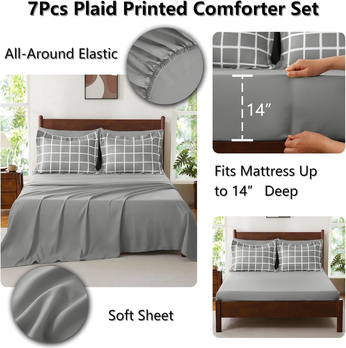 Queen Comforter Set with Sheets - 7 Pieces Plaid Bed in a Bag Set Grey, Soft Queen Bedding Sets Bed Set with All Season Quilted Comforter, Flat Sheet, Fitted Sheet, Pillowcases & Pillow Shams