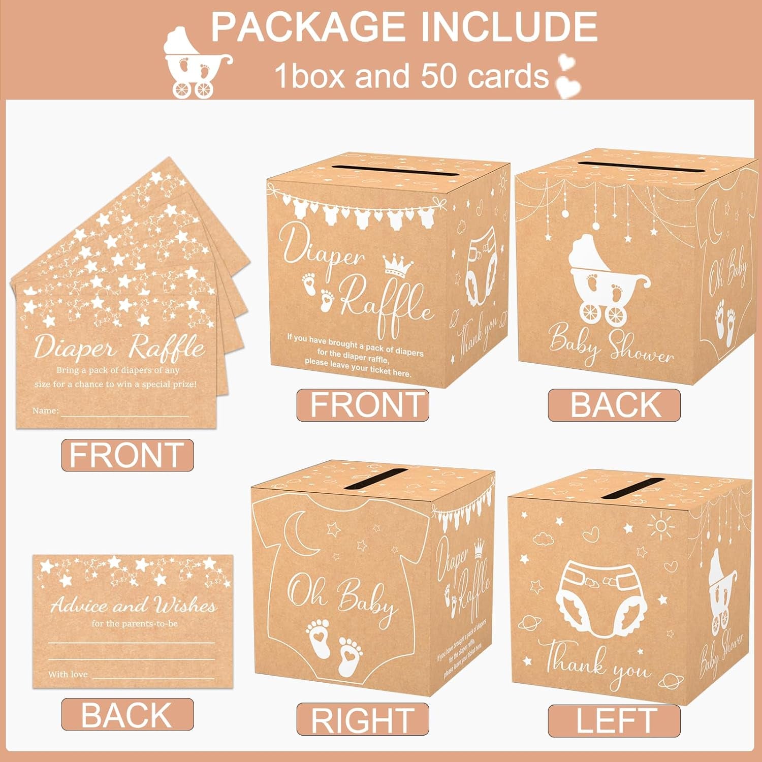 Brown Diaper Raffle Card Box for Baby Shower, 50 Pcs Diaper Raffle Tickets with Advice and Wishes, Gender Reveal Baby Shower Games, Party Decorations Supplies