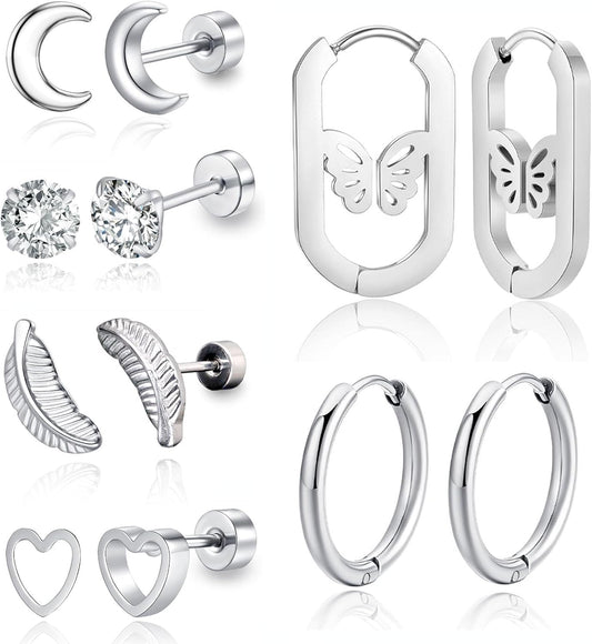 6 Pairs Stainless Steel Stud Earrings Set for Women Men Moon Heart Leaf Butterfly Circle CZ Studs Hypoallergenic Tiny Cartilage Stud Earrings Flatback Earrings