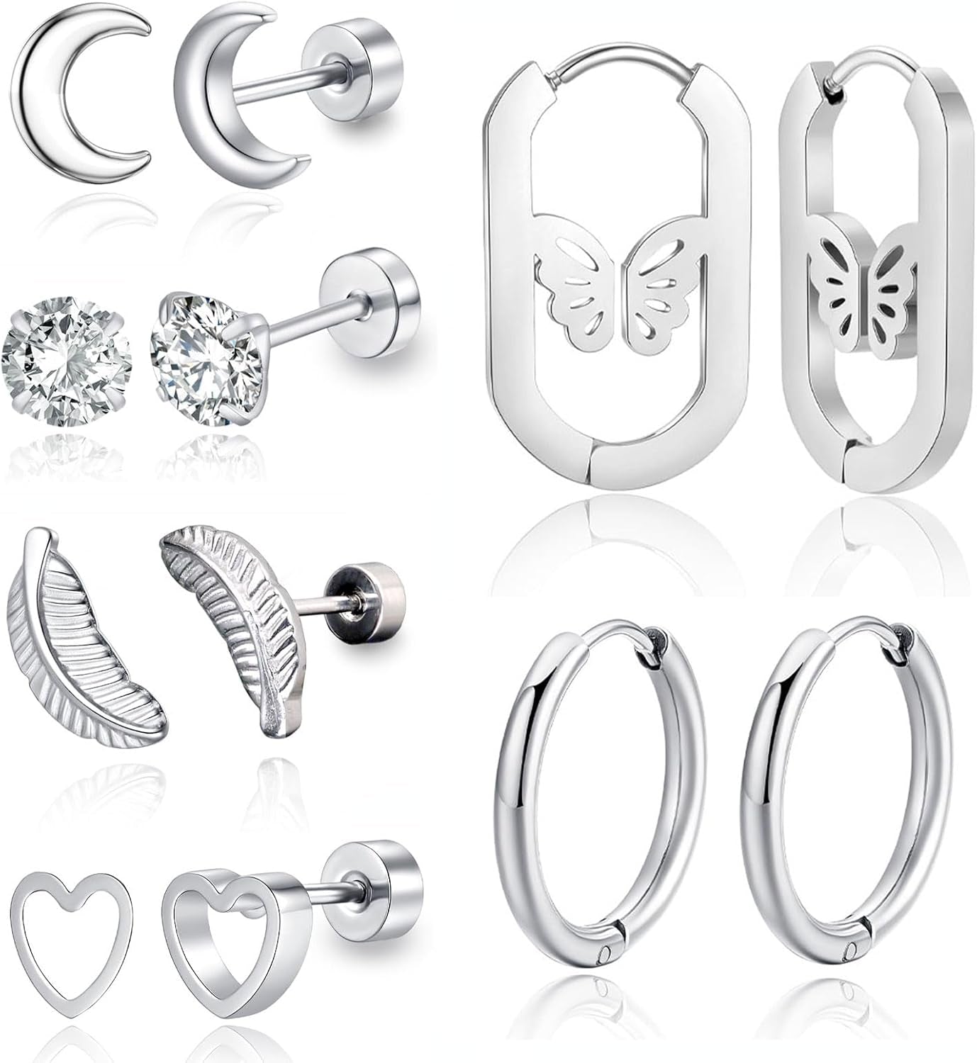 6 Pairs Stainless Steel Stud Earrings Set for Women Men Moon Heart Leaf Butterfly Circle CZ Studs Hypoallergenic Tiny Cartilage Stud Earrings Flatback Earrings