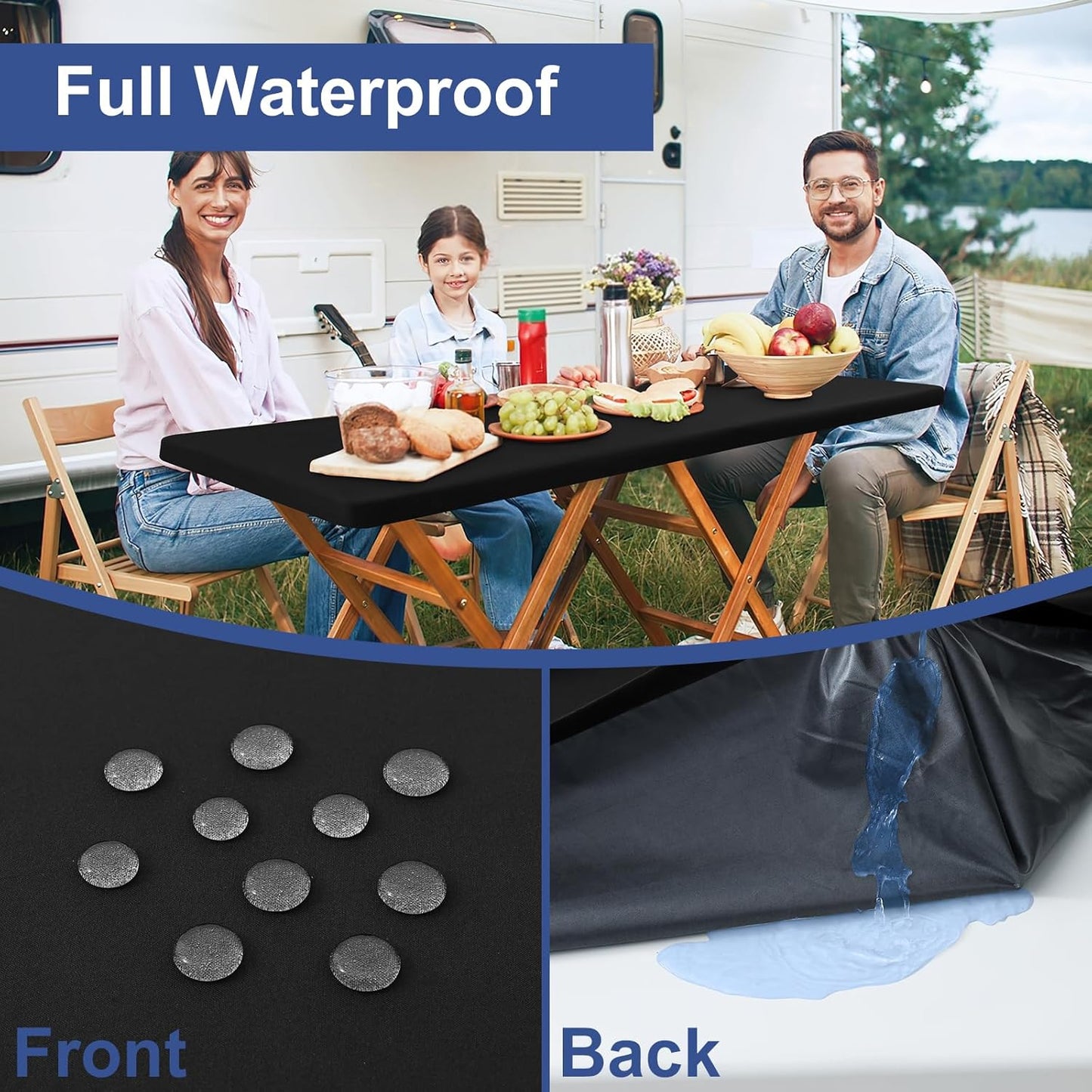 6 Foot Rectangle Elastic Fitted Tablecloth, Waterproof Fabric Table Cover, Washable Polyester Table Cloth for Dinner, Party, Fall (Black, 30" X 72")