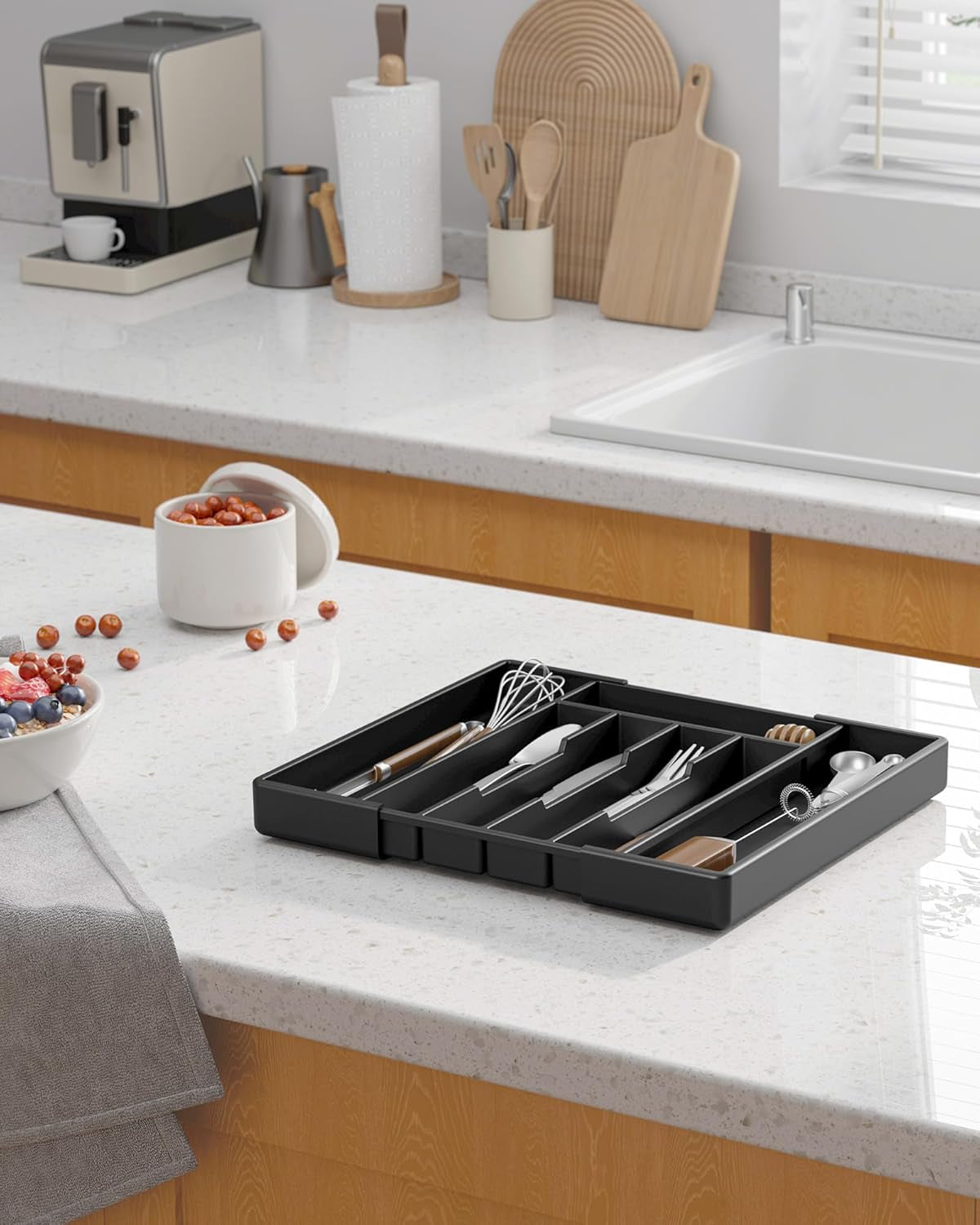 Silverware Organizer for Drawers - Expandable Cutlery and Utensil Drawer Organizer with Easy Maintenance, Premium PP Kitchen Organizers and Storage for Flatware, Black, 13.2" X 12.2" X 1.6"