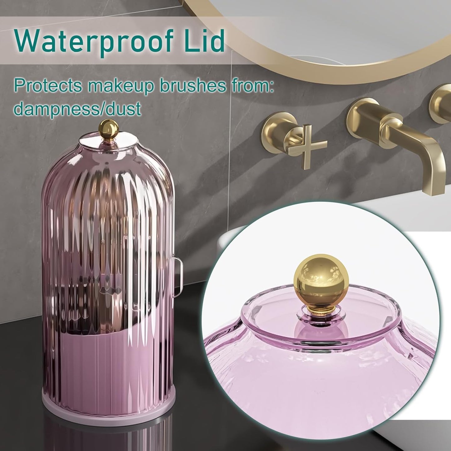Makeup Brush Holder with Lid Cosmetic Tools Organizer 360 Rotating Waterproof Dustproof Beauty Brushes Storage for Vanity, Pink-Purple