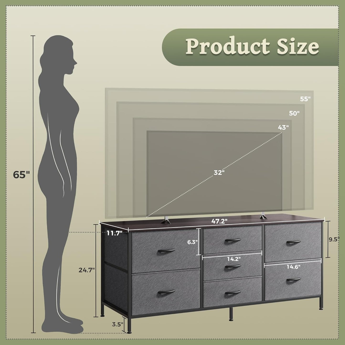 7-Drawer Fabric Dresser and TV Stand, 47-Inch Wide Chest for 43-55 Inch TVs, Metal Frame, Dark Grey, Ideal for Bedroom and Clothing Storage
