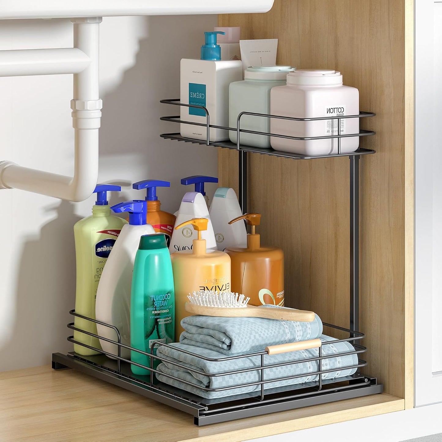 under Sink Organizers and Storage, 2 Tier Bathroom Kitchen Cabinet Organizers, Pull Out under Sink Storage Kitchen Shelf Organizer for under Counter Storage
