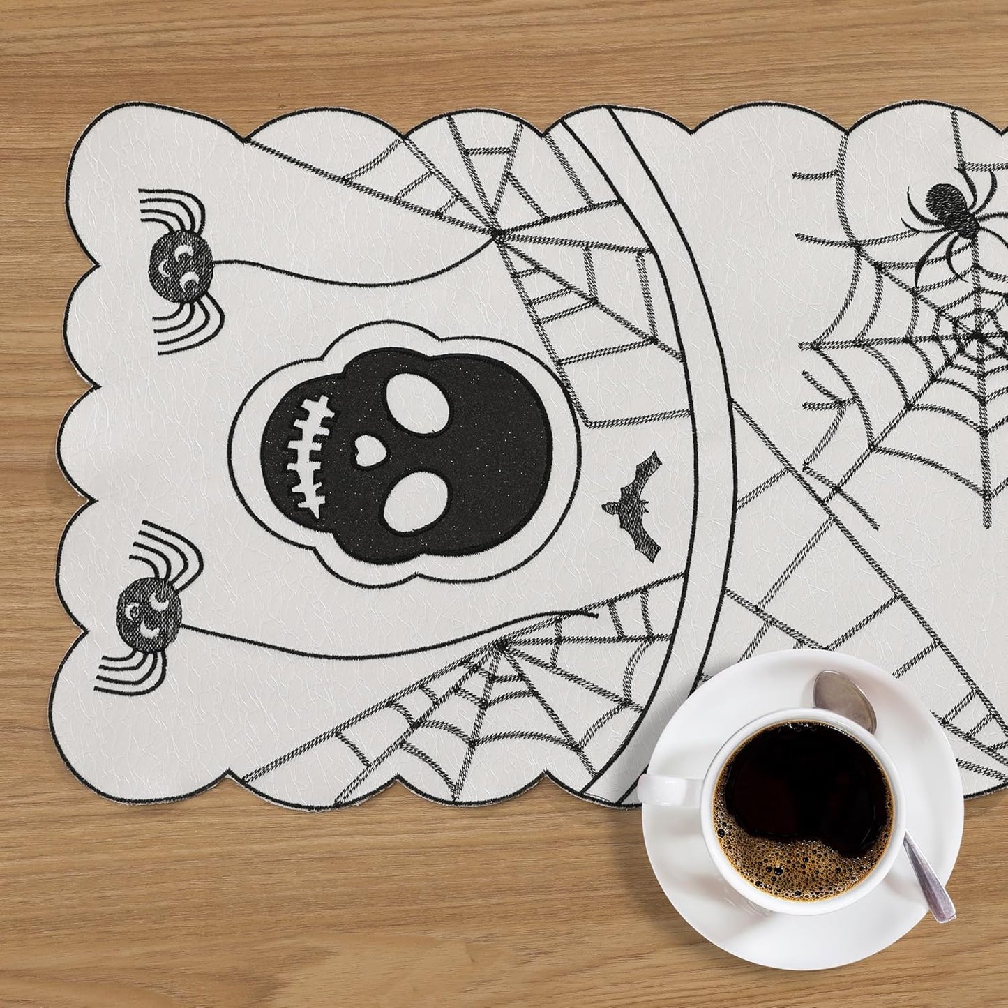 Fall Halloween Table Runner 36 Inches Long, Embroidered Black Spiders, Bats and Skull Table Runner Dresser Scarf for Home Dining Autumn Thanksgiving Tabletop Decoration, 13"X36"