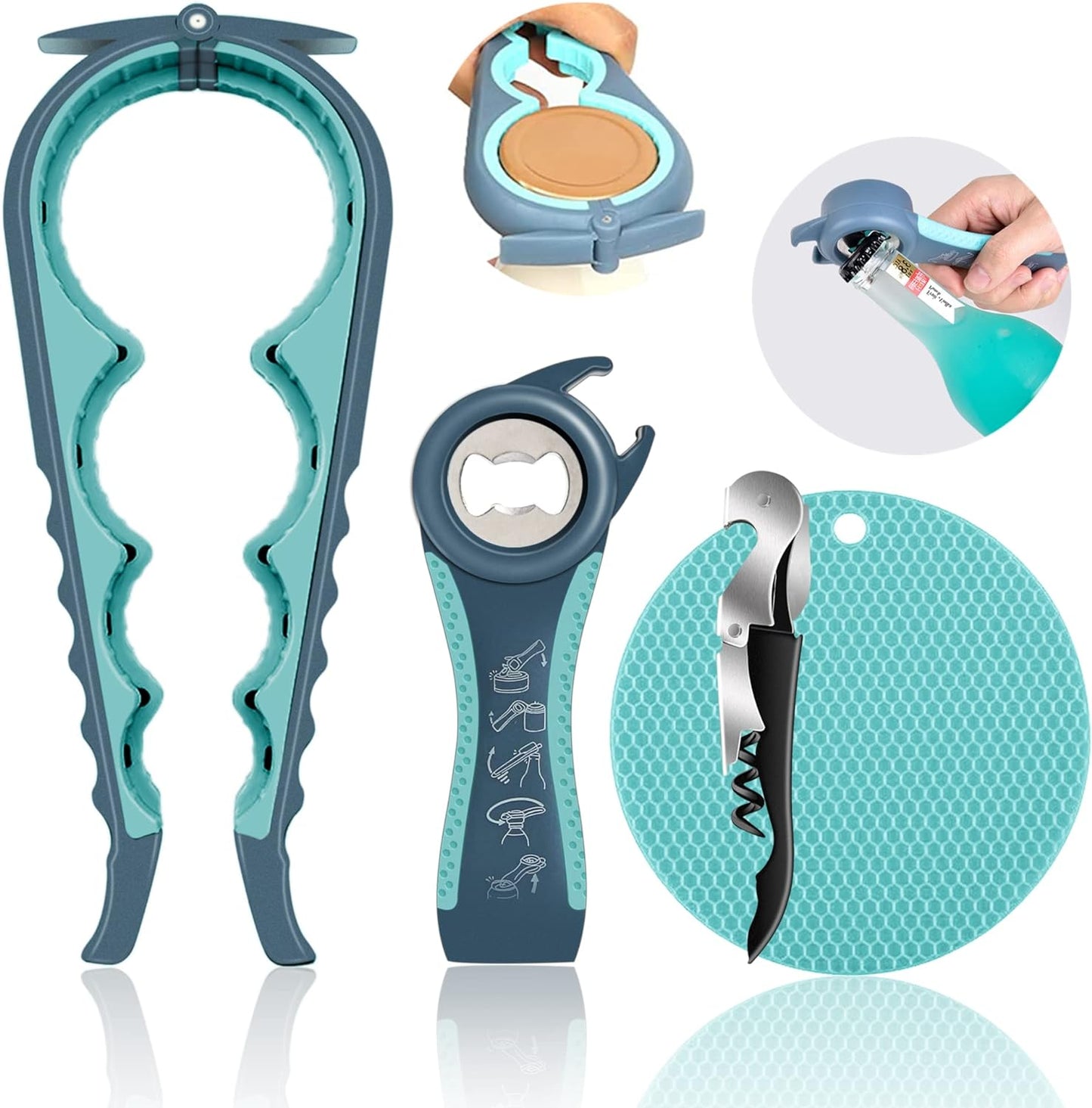 Jar Opener for Weak Hands, Seniors with Arthritis, 5 in 1 Multi Function Bottle Opener Lid Opener for Arthritic Hands with Non Slip Rubber Jar Opener Gripper Pad and Corkscrew Wine Opener(Blue)