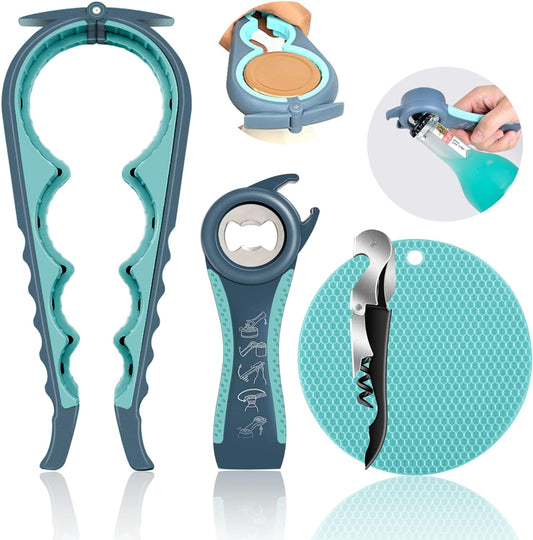 Jar Opener for Weak Hands, Seniors with Arthritis, 5 in 1 Multi Function Bottle Opener Lid Opener for Arthritic Hands with Non Slip Rubber Jar Opener Gripper Pad and Corkscrew Wine Opener(Blue)