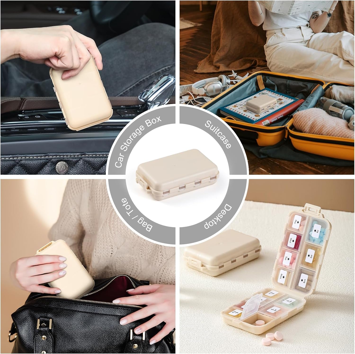 14 GRIDS Travel Pill Organizer Box with Labels - Travel Medicine Case Kit - Pocket Daily Pharmacy Container - Travel Medication Holder Dispenser for Fish Oil Vitamin Supplement Storage - Khaki