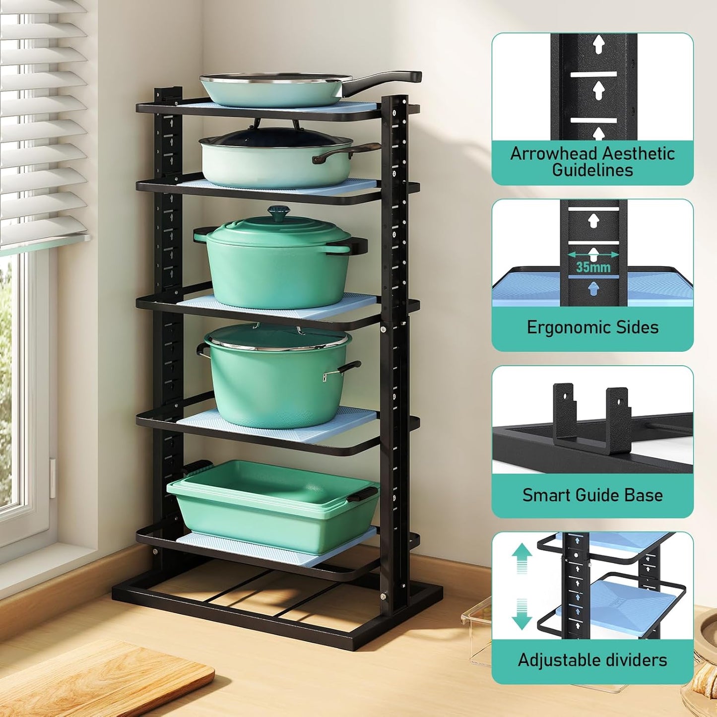 Pots and Pans Organizer for under Cabinet, 6-Tier Heavy Duty Adjustable Pan Pot Organizers inside Cabinet, Pot Rack for Kitchen Cabinet Organizers and Storage Black Holds 66 Lbs