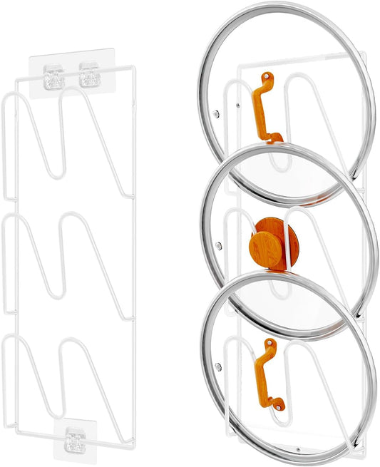 2 Pack Pot Lid Organizer Rack, 6-Tier Pot Lids Holder for Cabinet Door/Wall, No Drilling Adhesive Wall/Door Mounted Rustproof Pot and Pan Cover for Kitchen Storage, White