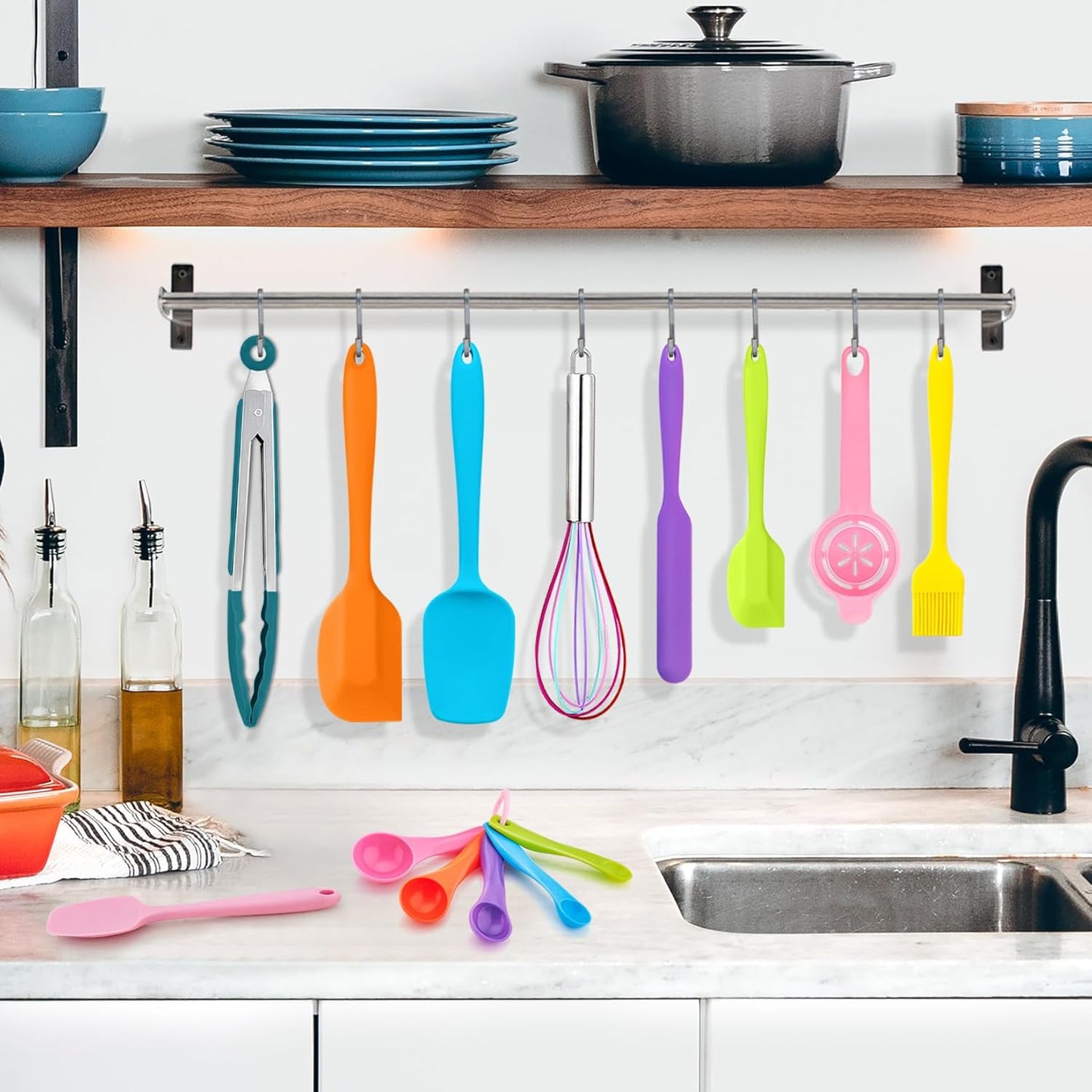 14 Pcs Silicone Spatulas Set, Heat Resistant Rubber Spatula for Nonstick Cookware, Include Spatulas, Cooking Spoons, Kitchen Tong, Baking Utensils, Dishwasher Safe, Multicolor