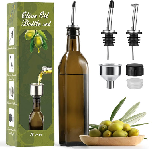 17Oz Glass Olive Oil Dispenser - Oil and Vinegar Cruet Bottle with Stainless Steel Pourers - Funnel for Easy Refill - Olive Carafe Decanter for Kitchen
